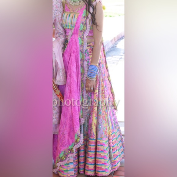 Indian Lehenga/multicolor high quality crepe silk indian/ long duptta & 2 blouse - Picture 2 of 7